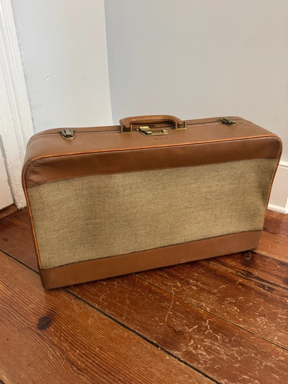 Vintage 60's Brooks Brothers Tan Leather Fabric Suitcase Luggage Combination
